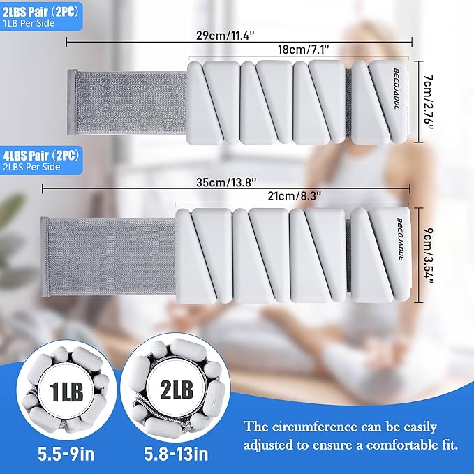 Ankle Weights for Women Wrist Weights Set of 2 (1 lb/2 lb Each) Adjustable Arm Leg Weight for Womens Men Suitable for Walking Swimming Running Pilates Yoga Gym