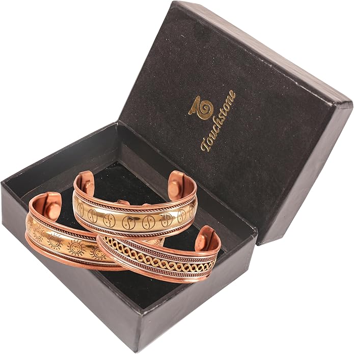 Touchstone copper bracelets | gift for men women |adjustable 100% pure solid real magnetic jewelry | handmade bracelet set combo | rope braided tibetan bangles.