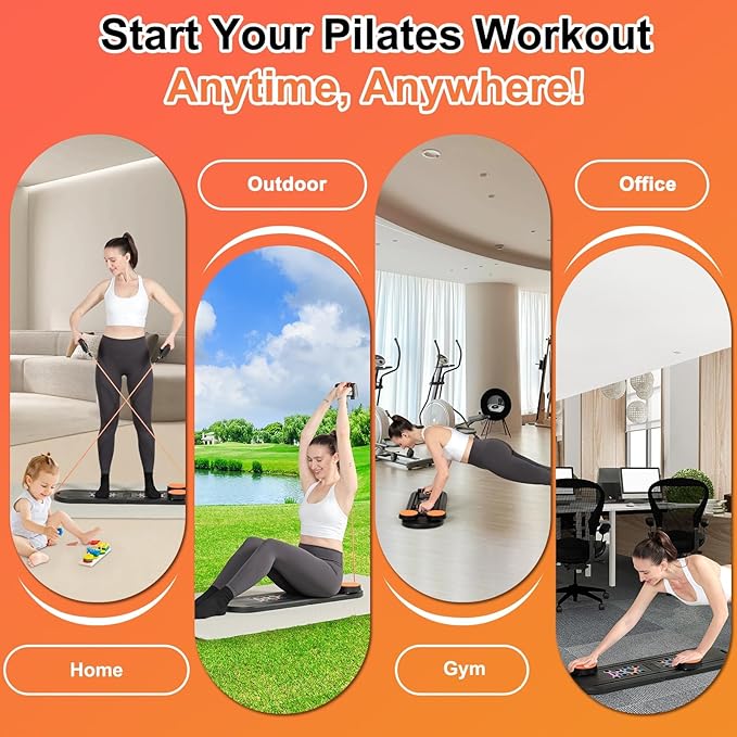 Pilates Board, Foldable Pilates Reformer, Multi-Purpose Pilates Board for Home Workout, Portable Pilates Equipment for Full Body Workout, Fitness, Exercise, Black Orange
