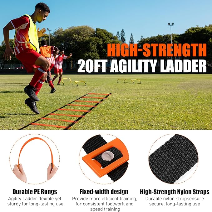 Agility Speed Training Equipment Set, Football Practise Set with 20ft Agility Ladder, 12 Cones, 4 Adjustable Hurdles, Jump Rope, for Basketball, Soccer Training, Football, Kids, Youth, Adults