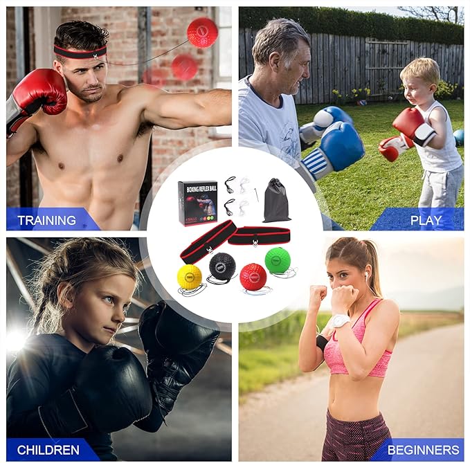 Boxing Reflex Ball, Headband Boxing Reaction Ball, Hand Eye Coordination Punching Speed Training Recreation Balls, Punch Ball Reflex Ball with Carry Bag for Teens Adults (4 Balls + 2 Headbands)