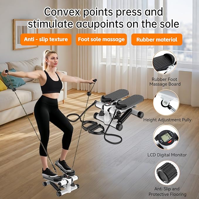 Steppers for Exercise at Home, Mini Stepper with Resistance Bands, Hydraulic Fitness Stepper with LCD Monitor, 360LBS Weight Capacity Portable Stair Stepper for Small Spaces