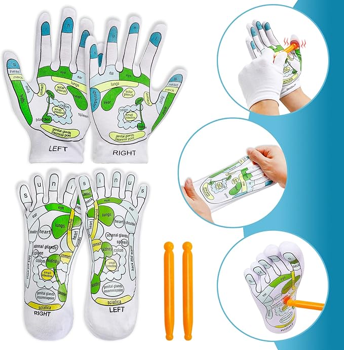 4PCS Reflexology Socks and Gloves Tool Set, Hand Spa and Foot Massage With Rod for Women and Men Tired Relieve