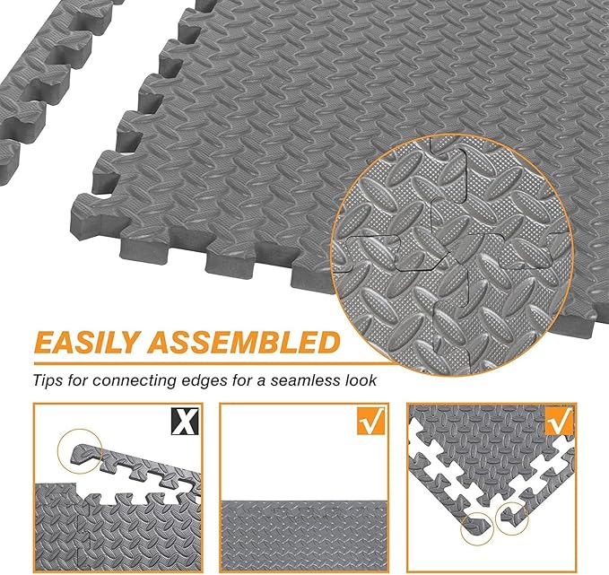 Mat Block APM002GY-2 Torin Interlocking Foam Tiles Puzzle Mats: EVA Gym Mat Flooring Exercise Equipment Mat for Home Gym Equipment, 24 SQ FT, 1/2 inch Thick, 6 Tiles, Grey