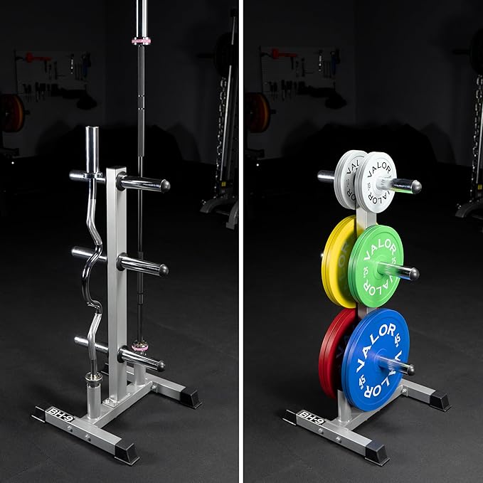 Valor Fitness Weight Plate Rack with Barbell Holders – Heavy-Duty Steel Storage Tree with 6 Pegs and 2 Vertical Bar Sleeves for Standard and Olympic Plates – 800 lb Capacity for Home & Garage Gyms