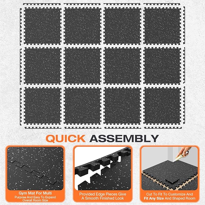 0.79'' Thick 12 Pcs 48 Sq Ft Non-Slip Rubber Top Exercise Equipment Mats, High Density EVA Foam Mats with Rubber Top, Interlocking Puzzle Gym Flooring for Home Gym, Workout Floor Mats,Black