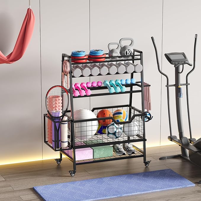 Dual-Sided Dumbbell Rack with Hooks & Wheels, Adjustable Home Gym Storage Rack for Dumbbells, Kettlebells, Balls, Yoga Mats, Ab Roller, Weight Rack Organizer for Workout Equipment