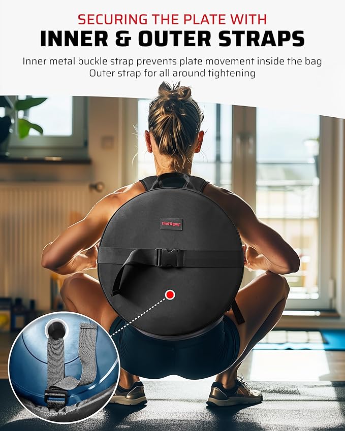 Weighted Backpack for Gym Weight Plate - for Pushups, Calf Raises, Squats, Wear on Back or Front, Fits Up to 17.5” Diameter, 2.5” Thick Plate, Padded Straps & Secure Buckles - For Home & Gym