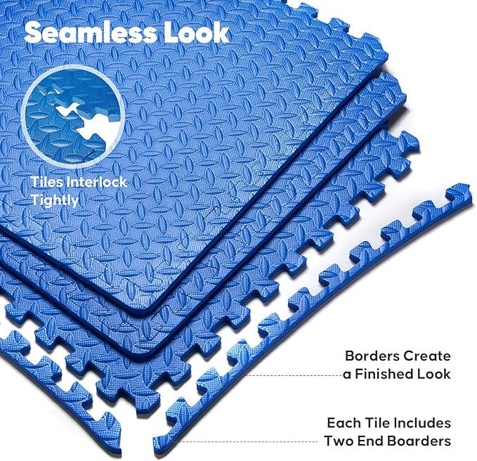 Home Gym Mat, Puzzle Exercise Mat, EVA Interlocking Foam Floor Tiles for Home Workout Equipment and Kids' Play Areas - Blue, 24 in x 24 in x ½ in - 12 Tiles (Blue, 12 Pack 48 sq ft)