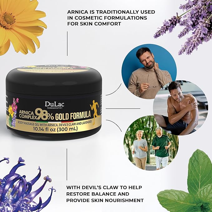 Dulàc - Arnica Body Massage Gel, Arnica Montana 98% Maximum Strength + Devil's Claw for Muscle Massage, Arnica Montana Complex 98% 10.14 Fl Oz, Gold Formula