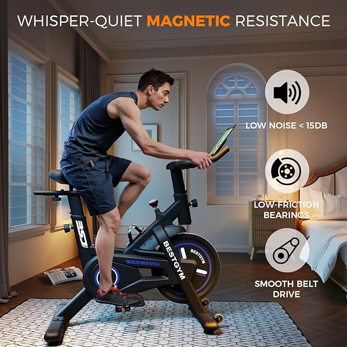 Exercise Bike, Adjustable Resistance Stationary Bikes for Home with App Compatible, Quiet Indoor Cycling Bike with 330lbs Weight Capacity, Comfortable Seat, Silent Belt Drive for Home Fitness and Weight Loss(Friction-Black)