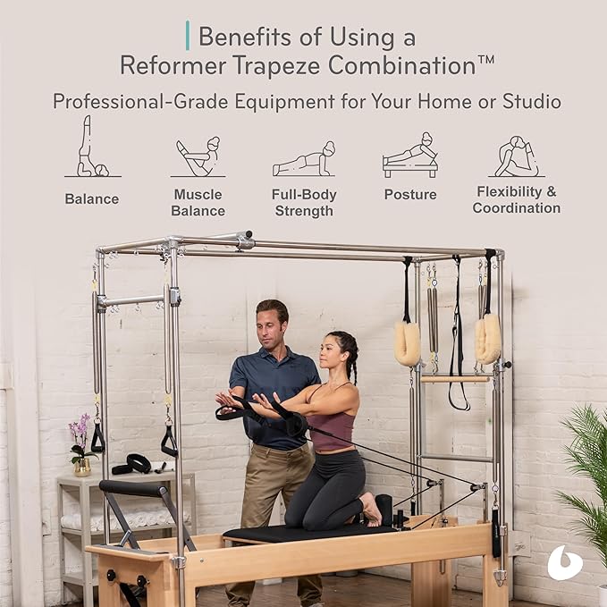 Balanced Body Pilates Reformer with Revo Footbar and Trapeze Combination, Pilates Exercise Equipment, Workout Equipment for Home or Studio