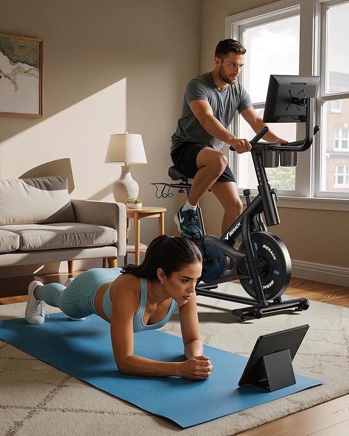 Merach Exercise Bike, Magnetic Stationary Bike with 15.6"HD Screen, Low Noise Indoor Cycling Bike with 300lbs Weight Capacity, Comfortable Bike Seat, Tablet Mount and Fitness Courses for Weight Loss
