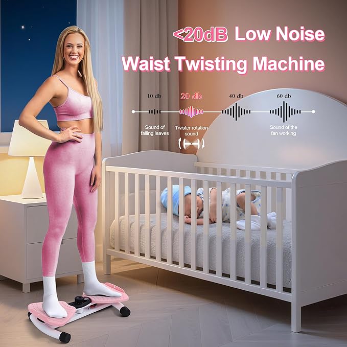 Waist Twister Machine Exercise With Digital Display To Track Time, Reps And Calories Burned, Waist twister machine With Balance Rope, Noiseless Abs Twister Plate, Holds 220 Lbs (pink and white)