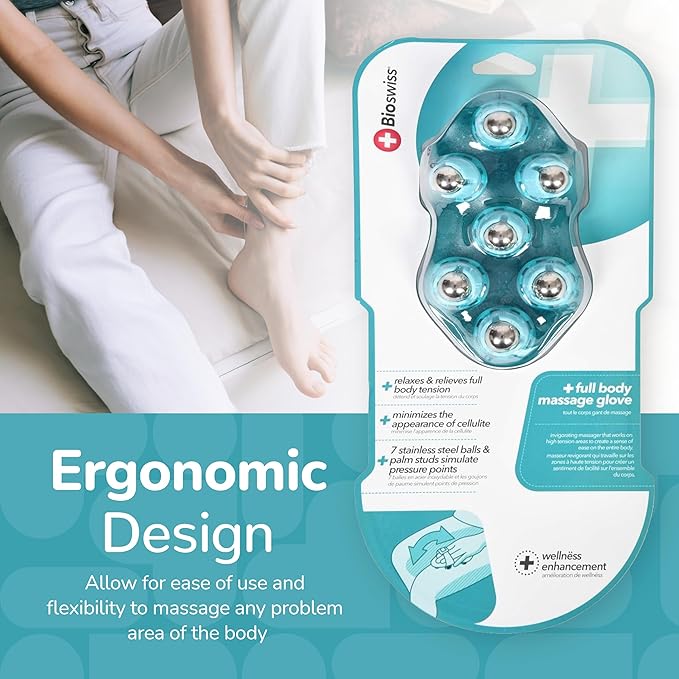 BioSwiss Massage Glove with Steel Roller Balls, Handheld Full Body Massager for Back, Neck, Shoulders, and Legs