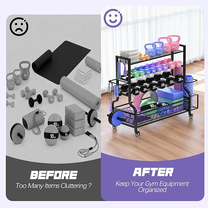 PARTPHONER Adjustable Dumbbell Rack, Weight Rack for Home Gym Storage, Home Gym Storage for Stores Dumbbells, Kettlebells and Yoga Mats, All in One Workout Storage Racks with Wheels and Hooks, Durable Powder Coated Steel