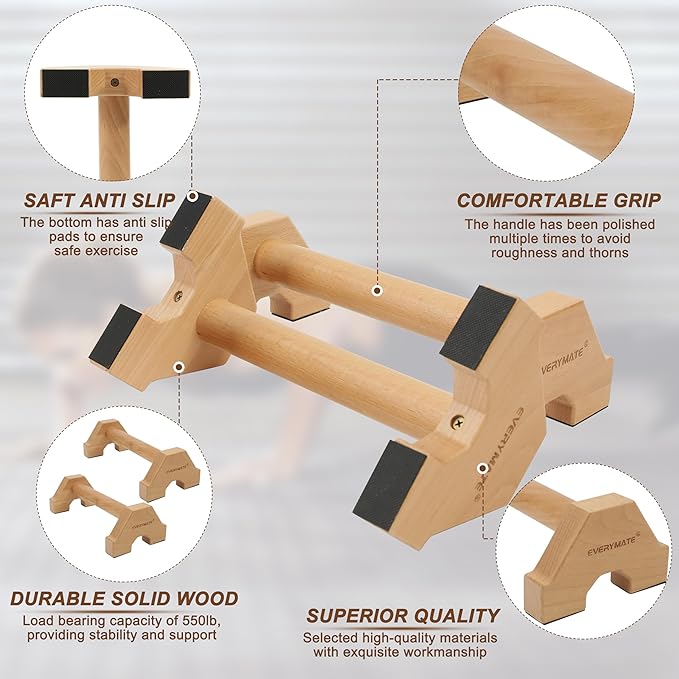 EVERYMATE Wood Push Up Bars Parallettes Bars with Rubber Feet, Anti-slip Handstand Bars for Calisthenics, Equipment for Home, Push Up Handles for Floor, Handstand Push Up Handles, Support 600 LB