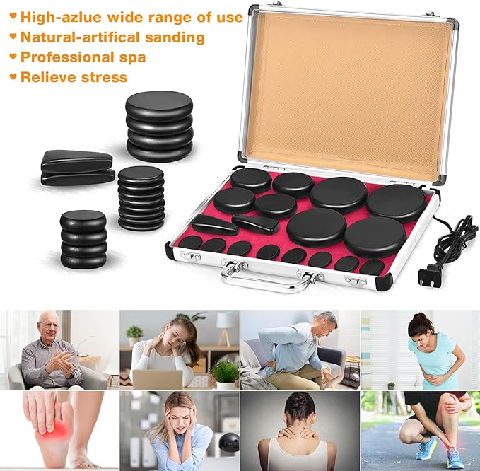 Yunsailing Hot Stones Massage Set 18 Pieces Basalt Hot Rocks Massage Rocks Kit Black Smooth Stones for Professional Home Spa Warming Relaxing Pain Relief, Constant 50°c (122°f)(Temperature Constant)