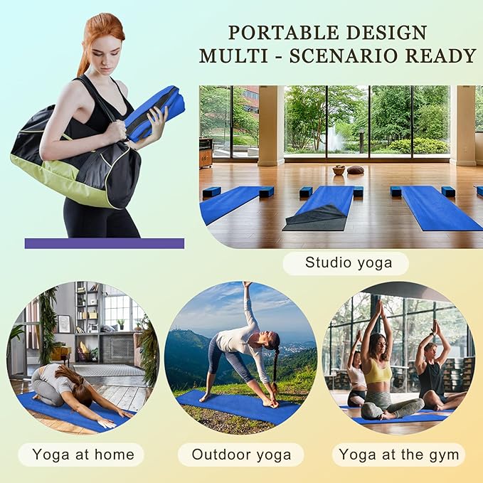 Yoga Mat Towel with Hand Towel, Extra Thick (600GSM) Soft Hot Yoga Towel, Non-Slip and Sweat Absorbent for Hot Yoga, Bikram, Pilates, and Fitness, 72" x 27.5", Dual-Color, Grey/Blue