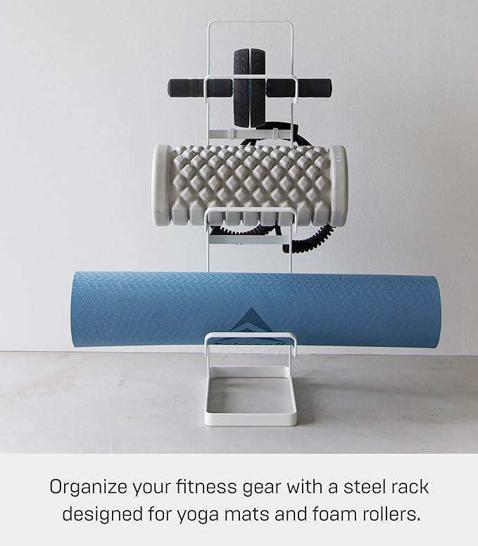 YAMAZAKI Home Tower Steel Storage Rack for Yoga Mats & Foam Rollers - Includes Hooks for Fitness Accessories - Steel