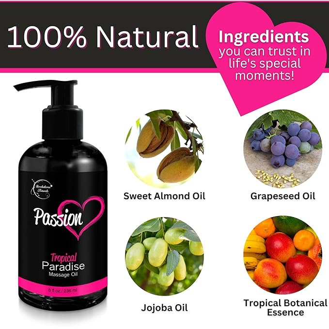 Passion Massage Oil for Date Night | Set of 2 Massaging Oils Lemon Crème & Tropical Paradise | All Natural with Almond & Jojoba | for Women & Men | Perfect for Full Body Relaxation & Aromatherapy