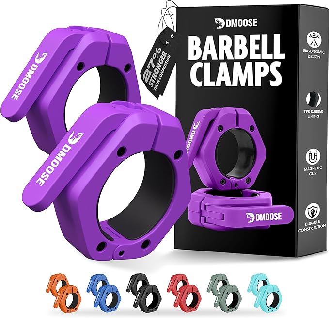 DMoose Fitness Barbell Clips 2 Inch (Pair) - Quick Release Olympic Barbell Clamps & Collars with Anti Slip TPR Grip for Secure Weightlifting and Powerlifting - Weight Clips for Bars at Home or Gym