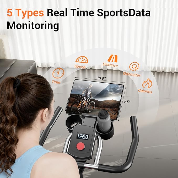 UMAY Exercise Bike, Brake Pad Stationary Bike with App Compatible, Adjustable Resistance Indoor Cycling Bike with 300 lb Weight Capacity, Low Noise Bike with Tablet Holder & Comfort Seat