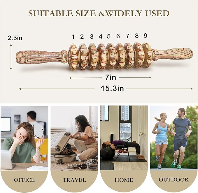 Wood Therapy Massage Roller Stick with Release Myofascial Trigger Points, Massager Tool for Cellulite Reduction, Muscle Tension and Lymphatic Drainage Physical Therapy Recover (Wood Grain)