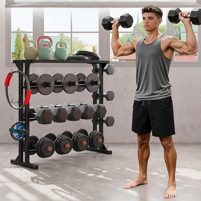 HOOBRO 4-Tier Dumbbell Rack, Weight Rack Heavy-Duty Weight Stand with Non-Slip Floor Protection & Side Hooks, Multi-Tier Storage Organizer for Home and Professional Gym Use, Black BK87CJ01N1