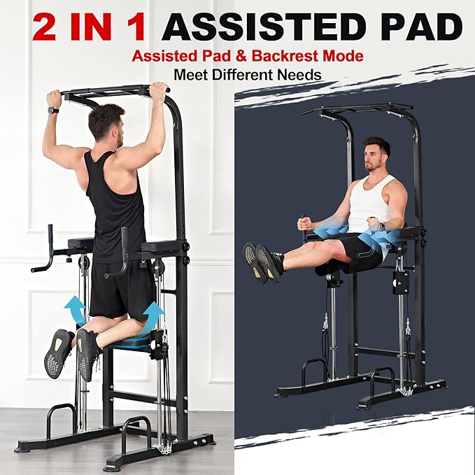 soges Power Tower Dip Station with Assisted Pad, Height Adjustable Pull Up Bar Station for Home Gym, Multi-Function Strength Training Full Body Workout Equipment, 330 Lbs, Black