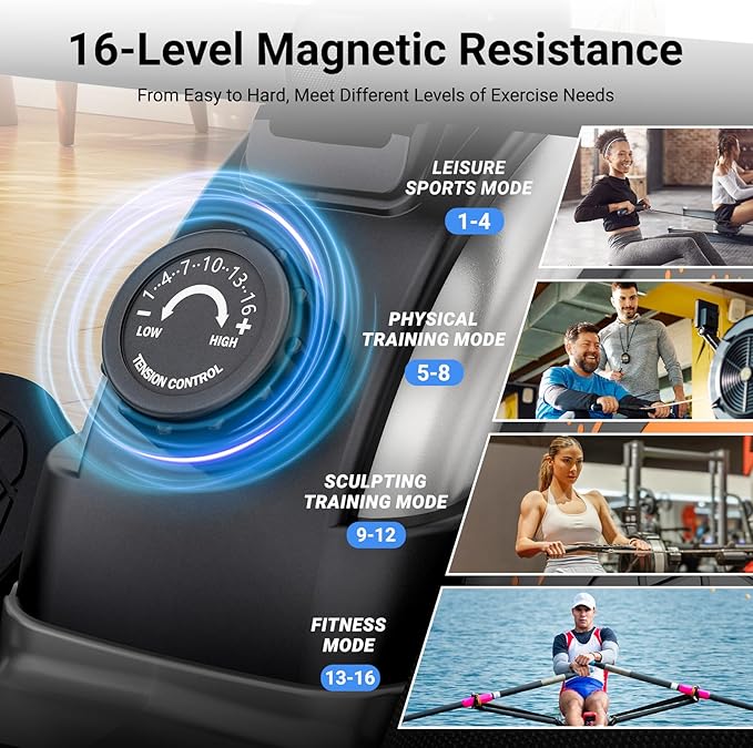 Dripex Rowing Machines for Home, Upgraded Rowing Machine Magnetic Rower, Max 360 LBS, 16 Levels of Workout Resistance, Dual Slide Rail, App Compatible, LCD Monitor, Row Machine for Gym Exercise