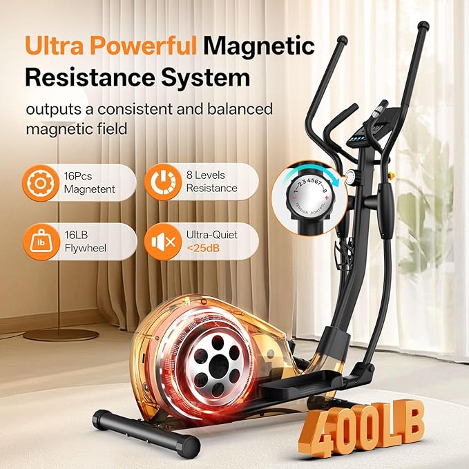 YAMO Folding Elliptical Machine, Elliptical Exercise Machine for Home with Hyper-Quiet Magnetic Driving System, Elliptical Trainer with 17.2IN Stride LCD Monitor Support, 300LBS Weight Capacity