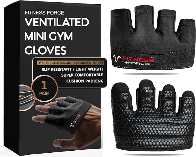 FITNESS FORCE Workout Gloves for Men & Women Partial Weight Lifting Non-Slip Gym Gloves, Lifting Grip for Calluses Guard Fingerless Exercise Gloves with Full Palm Protection