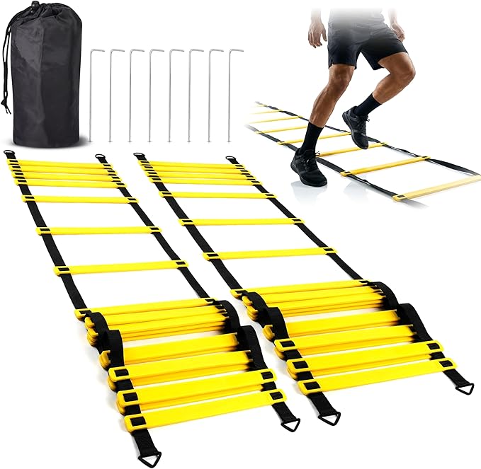 Agility Ladder, 2 Pack - Exercise and Training Ladder Set with Ground Stakes for Football, Soccer, Tennis, and More - Improves Speed & Fitness - Complete with Carrying Bag