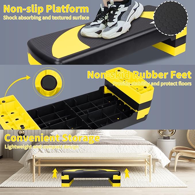 Aerobic Step Platform Exercise Step with 3 levels Adjustable Height Non-Slip Exercise Stepper for Cardio, Strength, and Fitness Workouts at Home or Gym