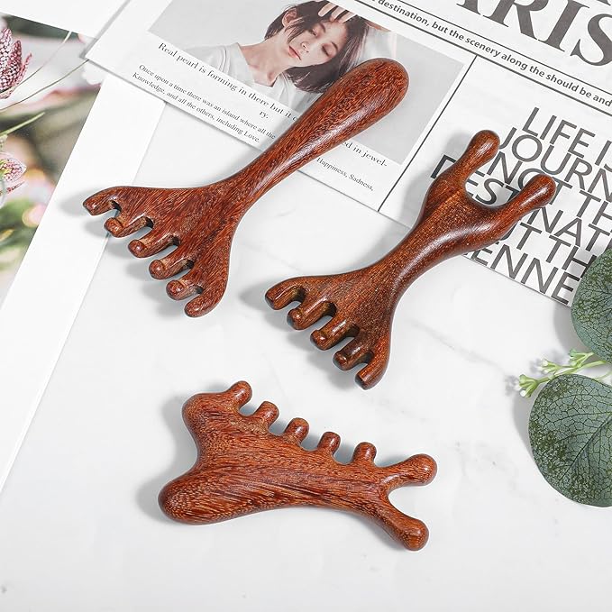 3 Pack Wooden Massager Comb Gua Sha Scraping Massages 6 Claws Meridian Massager Double Head Massage Rake Foot Massagers Tools with Long Handle for Head Neck Back Legs Feet