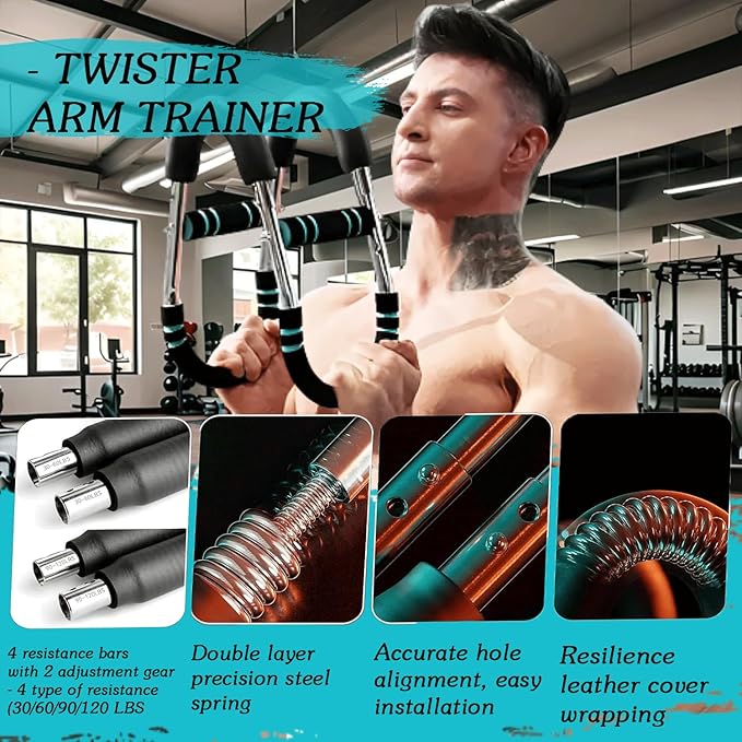 Twister Arm Trainer,Chest Workout Equipment Adjustable Resistance (40–110 lbs) with 4 Heavy-Duty Springs, Chest Exerciser for Men Upper Body Strength Training Bar for Arms, Home Gym Fitness Equipment