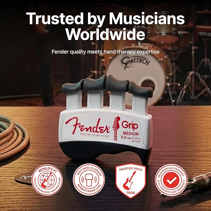 Fender GRIP Hand and Finger Exerciser – Best Ergonomic Finger Strengthener to improve play on all stringed instruments (Guitar, Bass, Violin, etc.) (Tensions: WHITE=5-Lbs; RED=7-Lbs; BLACK=9-Lbs)