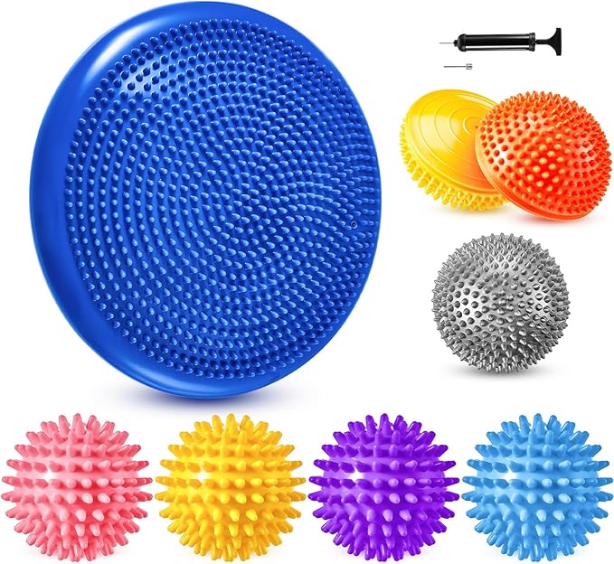 Meooeck 8pcs Hedgehog Balance Pods with Hand Pump Including 1 Balanced Pad, 3 Balance Pods, 4 Spiky Massage Balls for Body Balancing, Sensory Play for Adult Dog Exercise Stability