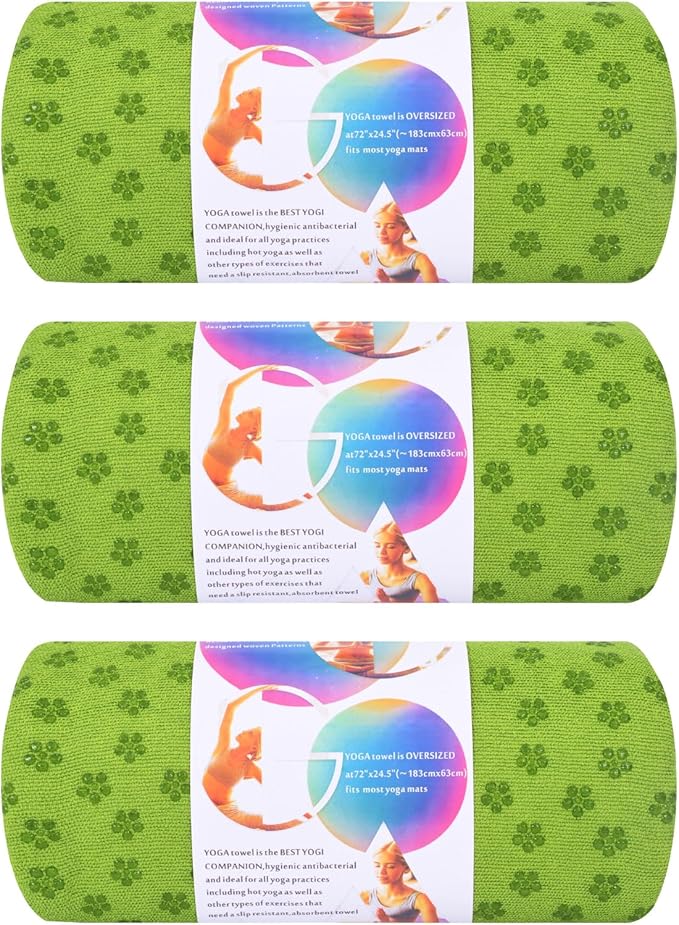 3 Pack Hot Yoga Towels with Plum Blossom Dots, Green Non-Slip Yoga Mat Towel, Super-Absorbent Soft Suede Microfiber Towel for Hot Yoga, Pilates, Bikram and Exercise Workout(24" x72",Green)