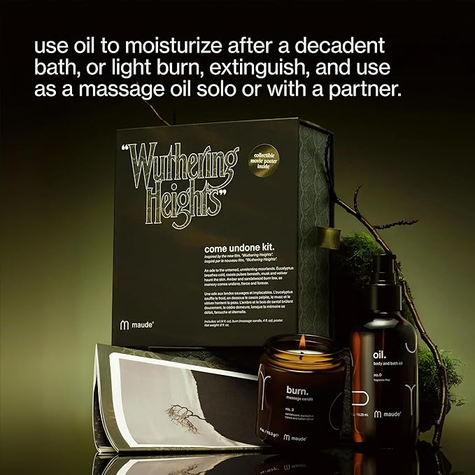 Maude x "WUTHERING HEIGHTS" Come Undone Kit - Limited Edition Two Piece Body Care Gift Set - Fragrance-Free Moisturizing Body Oil & Massage Candle Scented with Eucalyptus & Sandalwood