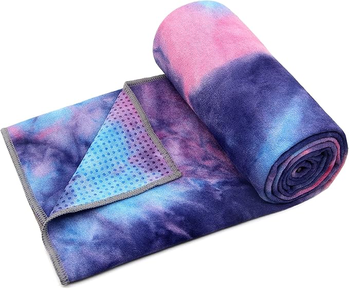Eunzel Yoga Towel,Hot Yoga Mat Towel with Grip Dots Sweat Absorbent Non-Slip for Hot Yoga, Pilates and Workout 24" x72", Purple & Blue