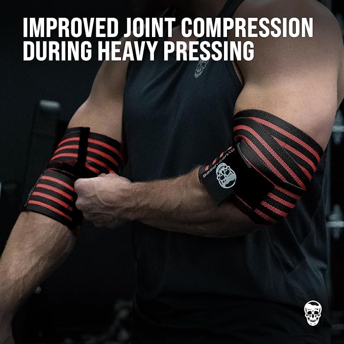 Gymreapers Weightlifting Elbow Wraps (1 Pair) - Flexible 40'' Elbow Compression Strap & Joint Support Brace - for Bench Press, Powerlifting, and Pressing