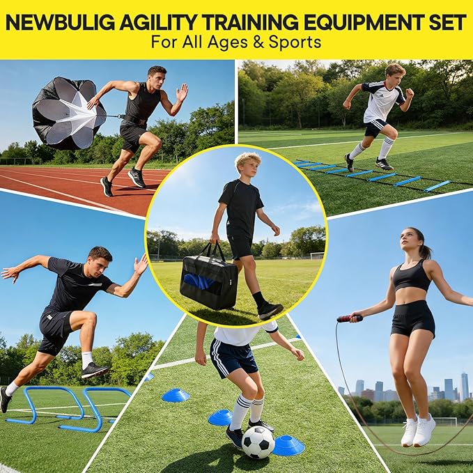 NEWBULIG Agility Ladder Speed Training Equipment, Football Practice Set with 20ft Ladder, 12 Cones, 4 Adjustable Hurdles, Jump Rope, Resistance Parachute for Soccer, Basketball, Youth, Adults