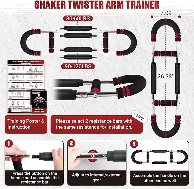 Twister Arm Trainer, 30-120 lbs Adjustable Twister Arm Chest Exerciser with 4 Spring & Poster for Men & Women, Detachable Power Twister Home Fitness Equipment for Enhancing Upper Body Muscle