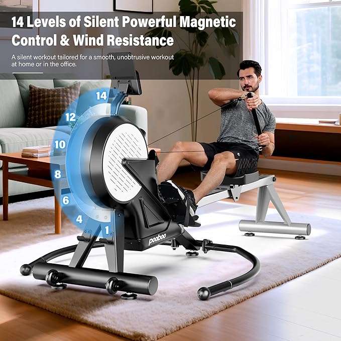 pooboo Rowing Machine for Home, Max 360 LBS Magnetic Rower with APP and LCD Monitor, Tablet Holder, Upgraded Rowing Machines with Comfortable Seat Cushion