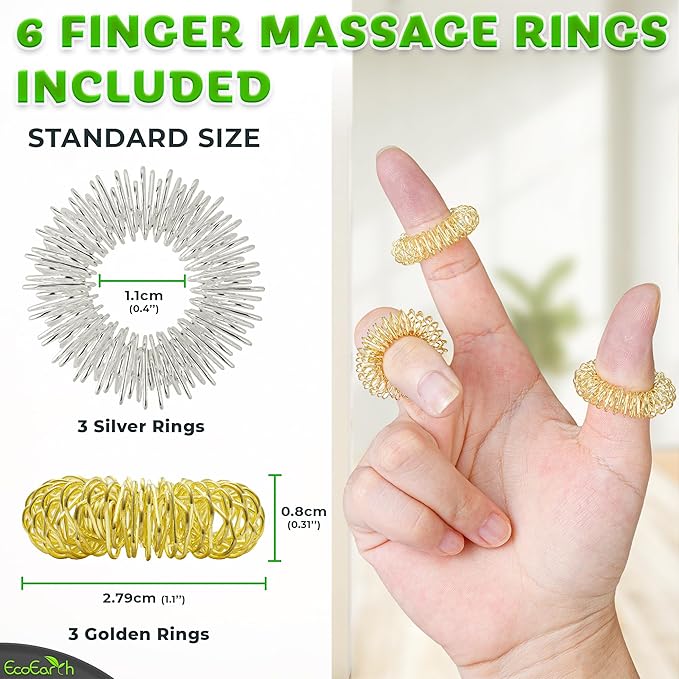 EcoEarth Finger & Hand Massager Set - 1 Dual-Sided Massage Roller, 6 Finger Massage Rings - Deep Tissue Comfort & Acupressure Therapy Tools for Arthritis, Carpal Tunnel, Stress & Pain Relief