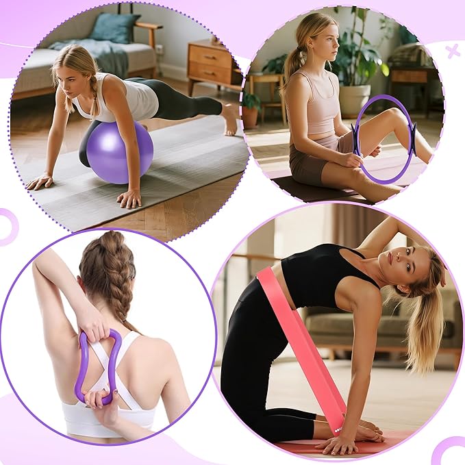 Pilates Equipment Set for Women - 12PCS Pilates Starter Accessories Kit with 10'' Ball, Magic Circle, Yoga Ring, Resistance Bands, Stretching Strap for Home Workout Exercise Beginner Essentials