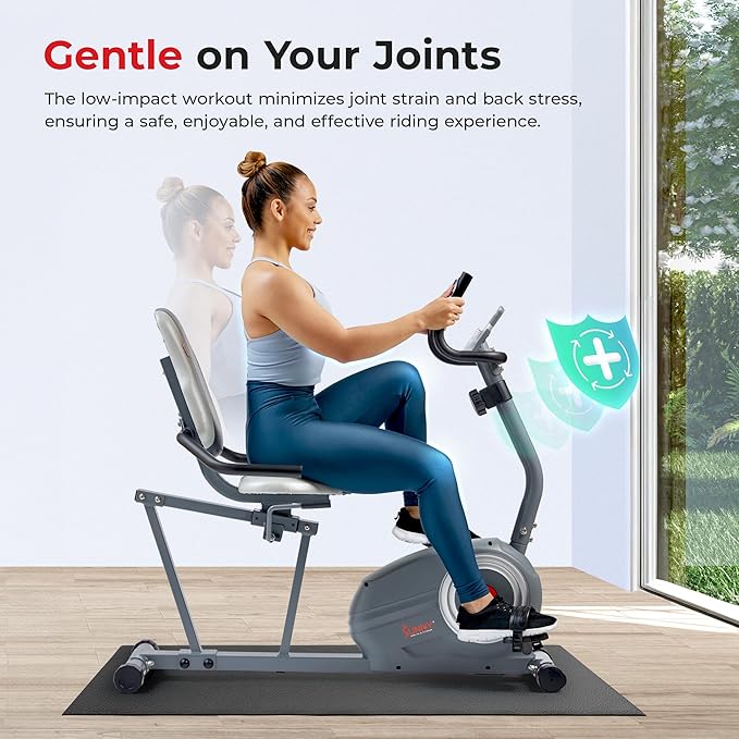 Sunny Health & Fitness Smart Magnetic Recumbent Bike, Home Cardio Trainer & Cycling Machine for Seniors, Free SunnyFit App Connection, Optional Hand Cycle, Resistance Bands, or Pulse Sensors