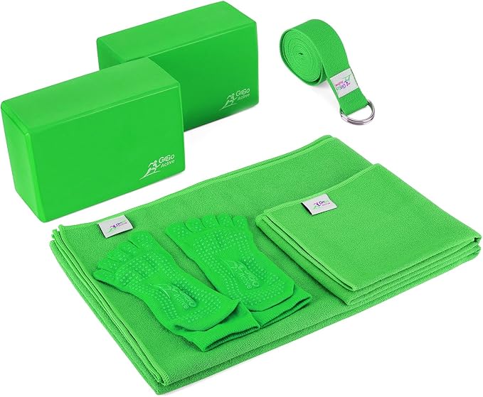 Yoga Accessories Set - Includes 2 Yoga Blocks, 1 Microfiber Non Slip Mat Towel 72X24, 1 Microfiber Hand Towel 24X15, 1 Yoga Strap, 1 Pair of Yoga Socks (Green)